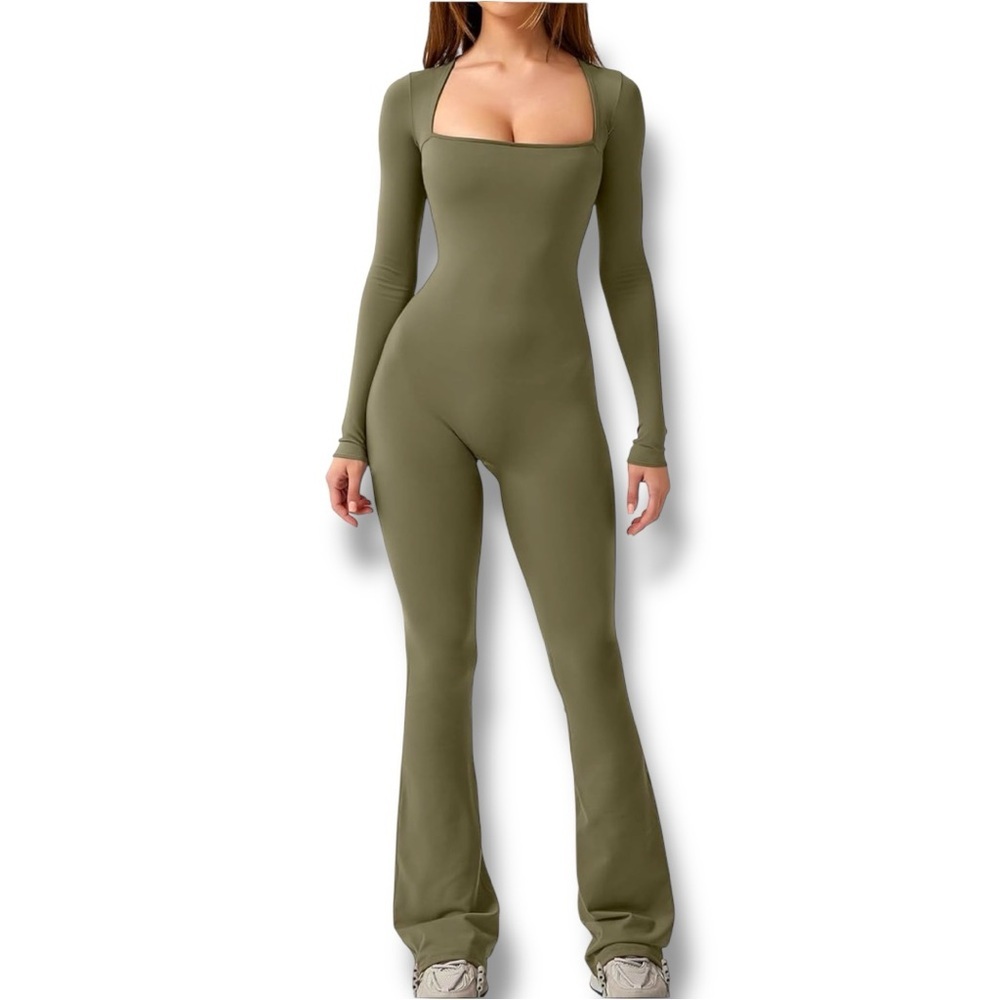 Qinsen Chic Olive Green Square Neck Flared Leg Long Sleeve Bodycon Jumpsuit